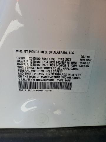 5FNYF5H56JB028340 - 2018 HONDA PILOT EXL 白色 照片 13