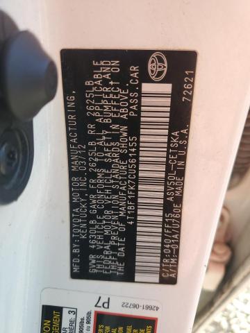 4T1BF1FK7CU561455 - 2012 TOYOTA CAMRY BASE თეთრი ფოტო 12