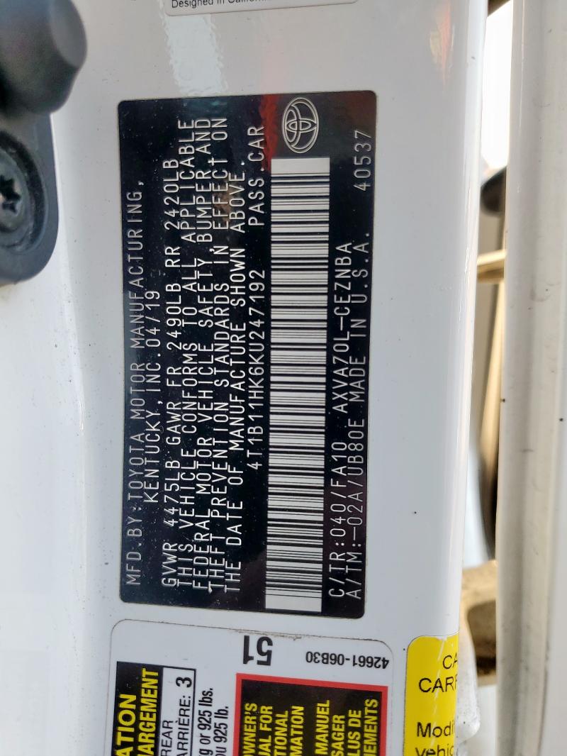 4T1B11HK6KU247192 - 2019 TOYOTA CAMRY L WHITE photo 12