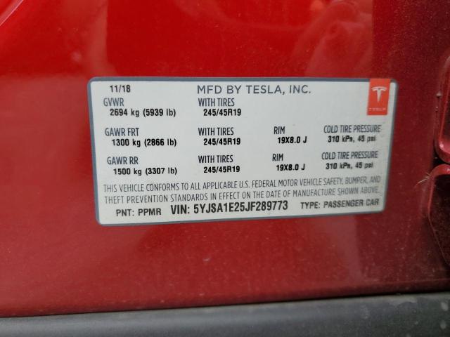 5YJSA1E25JF289773 - 2018 TESLA MODEL S Rojo foto 12
