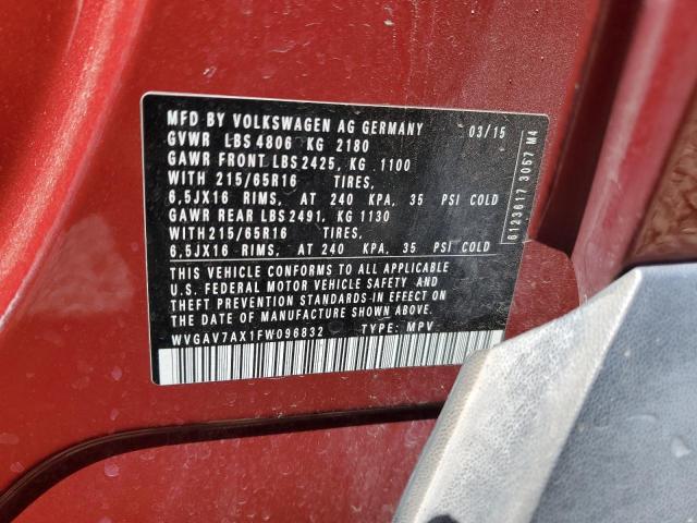 WVGAV7AX1FW096832 - 2015 VOLKSWAGEN TIGUAN S BURGUNDY photo 12