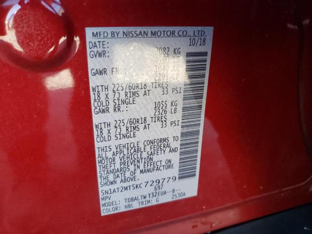 5N1AT2MT5KC729779 - 2019 NISSAN ROGUE S RED photo 12