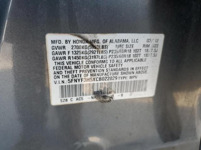 5FNYF3H5XCB022029 - 2012 HONDA PILOT EXL ნაცრისფერი ფოტო 13