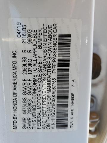 1HGCV1F3XKA087765 - 2019 HONDA ACCORD SPORT თეთრი ფოტო 12