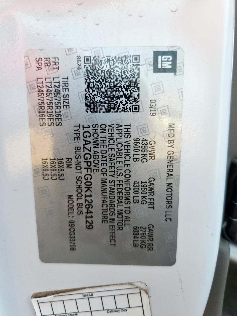 1GAZGPFG0K1264129 - 2019 CHEVROLET EXPRESS G3 LT Ақ фото 13