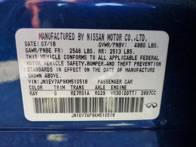 JN1EV7AP9KM510518 - 2019 INFINITI Q50 LUXE ლურჯი ფოტო 12