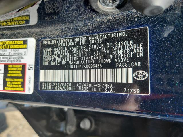4T1B11HK2KU696465 - 2019 TOYOTA CAMRY L BLUE photo 12