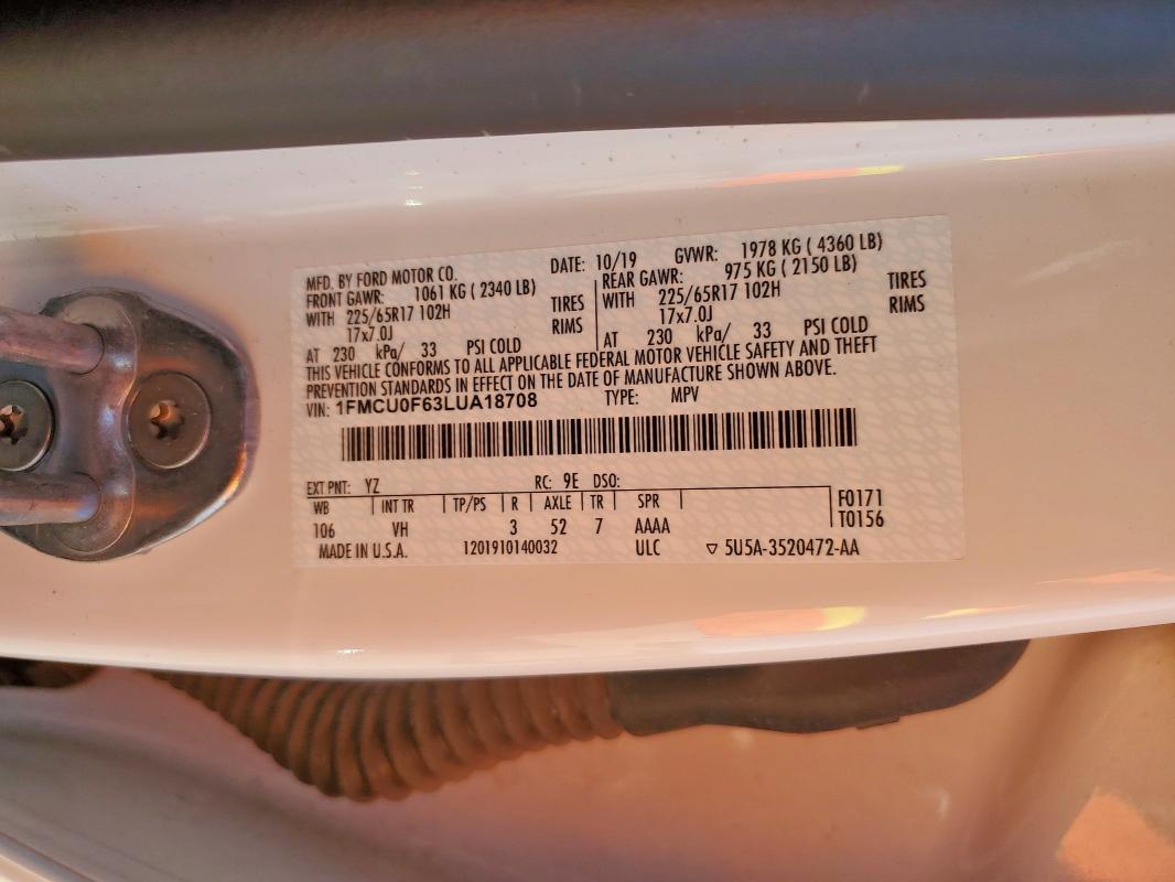 1FMCU0F63LUA18708 - 2020 FORD ESCAPE S თეთრი ფოტო 14