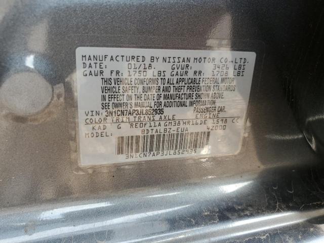 3N1CN7AP3JL852935 - 2018 NISSAN VERSA S GRAY photo 12