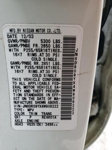 JN8DR09YX4W908222 - 2004 NISSAN PATHFINDER LE WHITE photo 13