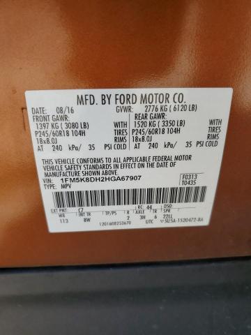 1FM5K8DH2HGA67907 - 2017 FORD EXPLORER XLT Narıncı foto 13