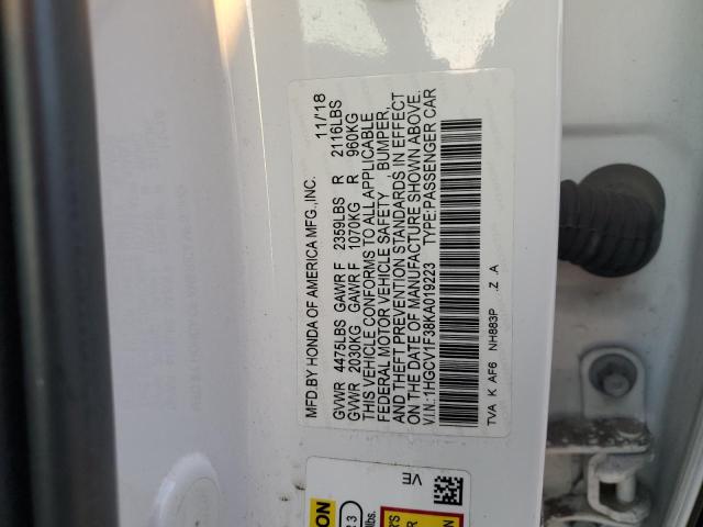 1HGCV1F38KA019223 - 2019 HONDA ACCORD SPORT Ақ фото 12