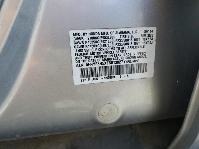 5FNYF3H5XFB013027 - 2015 HONDA PILOT EXL SILVER photo 13