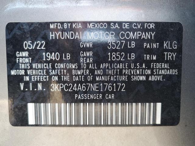 3KPC24A67NE176172 - 2022 HYUNDAI ACCENT SE SILVER photo 13