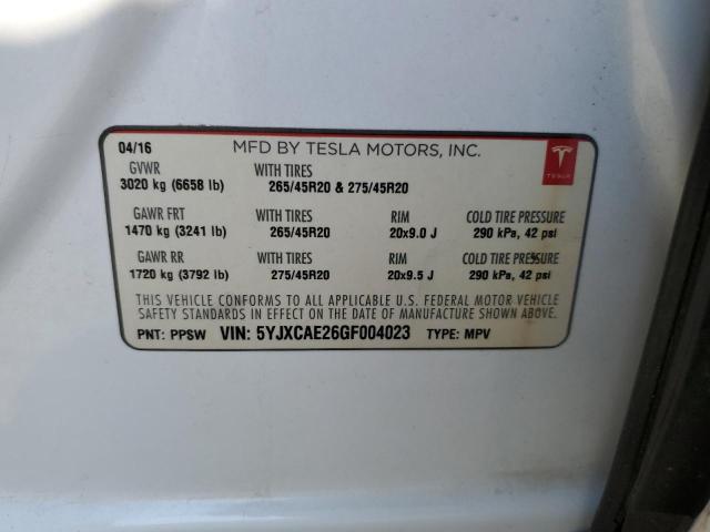 5YJXCAE26GF004023 - 2016 TESLA MODEL X 白色 照片 12