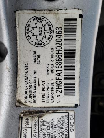 2HGFA16866H020463 - 2006 HONDA CIVIC EX SILVER photo 13