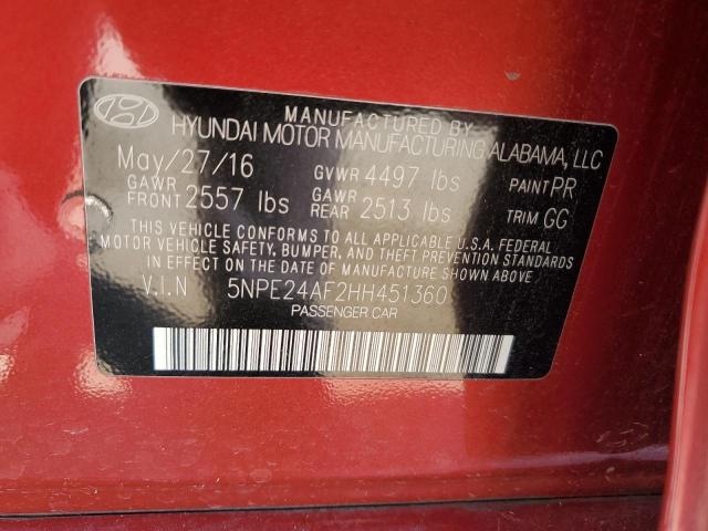 5NPE24AF2HH451360 - 2017 HYUNDAI SONATA SE RED photo 12