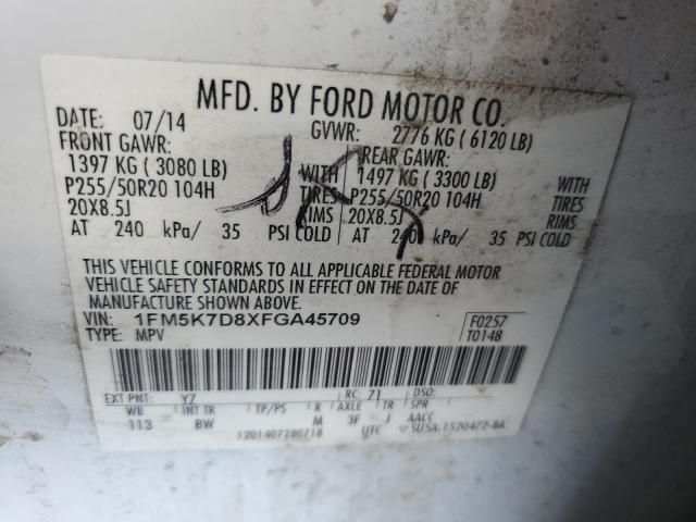 1FM5K7D8XFGA45709 - 2015 FORD EXPLORER XLT თეთრი ფოტო 12