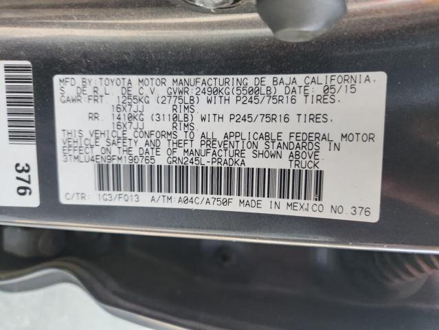 3TMLU4EN9FM196765 - 2015 TOYOTA TACOMA DOUBLE CAB GRAY photo 12