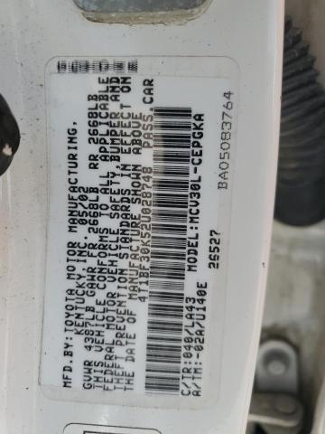 4T1BF30K52U028748 - 2002 TOYOTA CAMRY LE WHITE photo 12