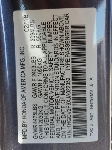 1HGCV2F9XJA022052 - 2018 HONDA ACCORD TOURING Gris foto 12