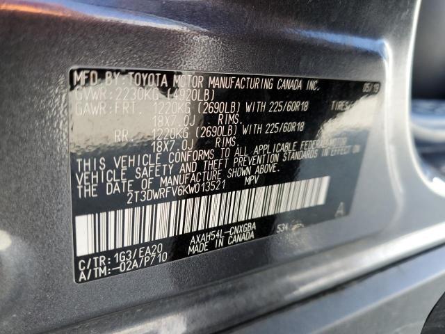 2T3DWRFV6KW013521 - 2019 TOYOTA RAV4 LIMITED GRAY photo 13