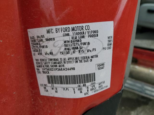 1FTWX31P36EA24498 - 2006 FORD F350 SRW SUPER DUTY RED photo 10