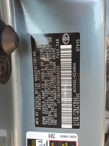 4T1BE46K39U906509 - 2009 TOYOTA CAMRY BASE GREEN photo 12