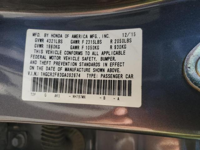 1HGCR2F83GA092674 - 2016 HONDA ACCORD EXL CHARCOAL photo 12