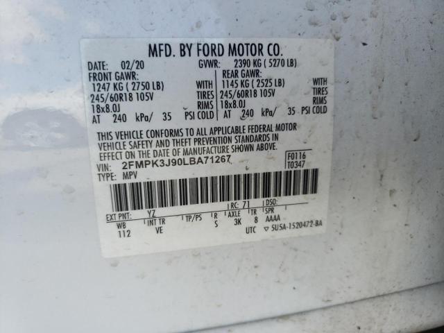 2FMPK3J90LBA71267 - 2020 FORD EDGE SEL WHITE photo 12