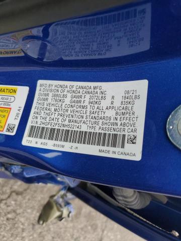 2HGFE2F52NH522143 - 2022 HONDA CIVIC SPOR BLUE photo 12