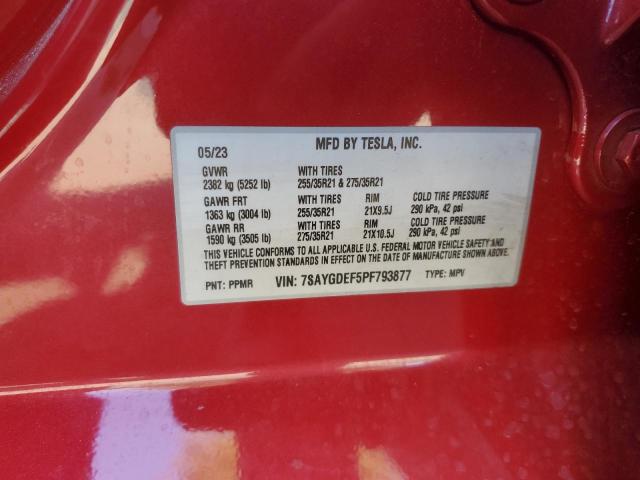 7SAYGDEF5PF793877 - 2023 TESLA MODEL Y RED photo 12