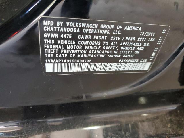 1VWAP7A32CC033292 - 2012 VOLKSWAGEN PASSAT S BLACK photo 12