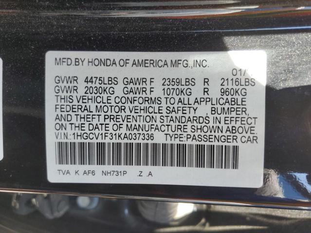 1HGCV1F31KA037336 - 2019 HONDA ACCORD SPORT أسود صورة 12