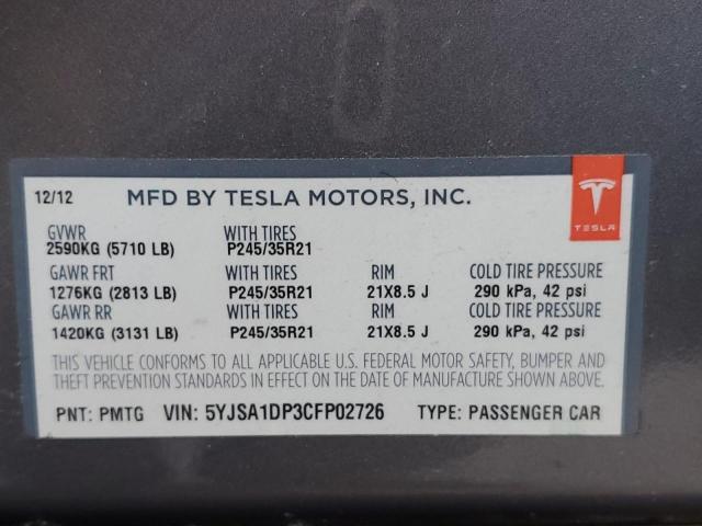 5YJSA1DP3CFP02726 - 2012 TESLA MODEL S Մոխրագույն լուսանկար 13