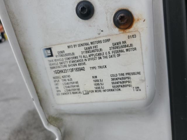 1GCHK23113F183942 - 2003 CHEVROLET SILVERADO K2500 HEAVY DUTY WHITE photo 12