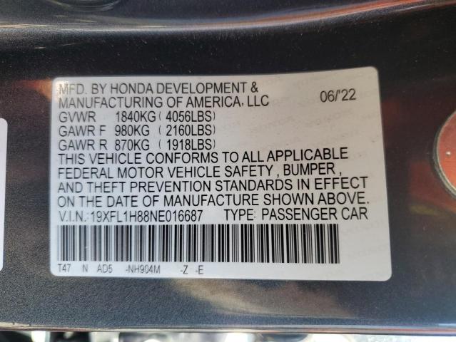 19XFL1H88NE016687 - 2022 HONDA CIVIC SPORT TOURING CHARCOAL photo 12