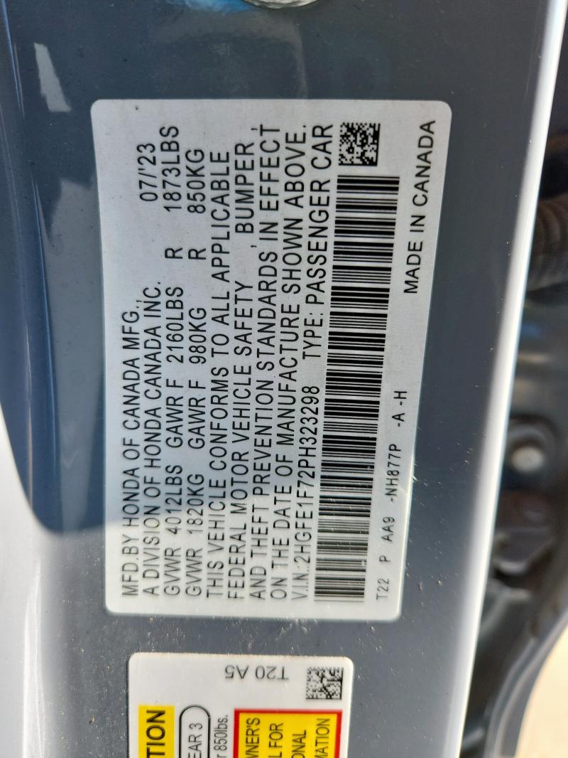 2HGFE1F72PH323298 - 2023 HONDA CIVIC EX GRAY photo 12