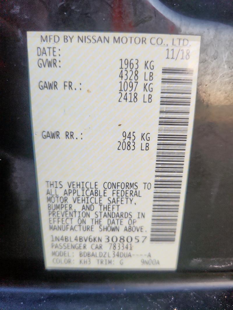 1N4BL4BV6KN308057 - 2019 NISSAN ALTIMA S შავი ფოტო 12