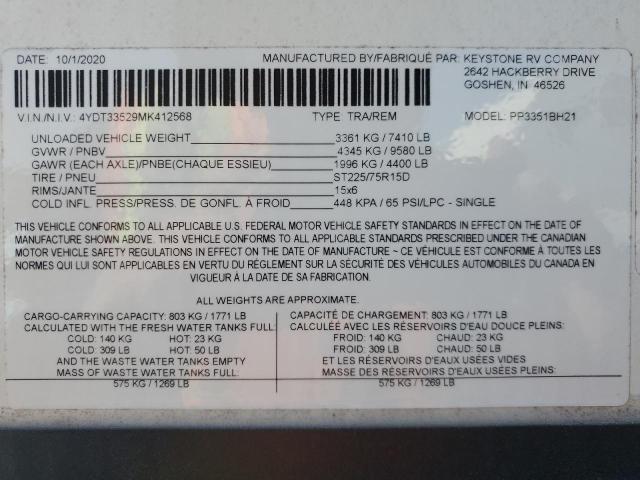 4YDT33529MK412568 - 2021 PASSPORT TRAVELTRLR TWO TONE photo 10