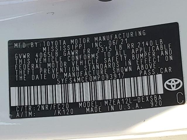 5YFS4MCE0MP093917 - 2021 TOYOTA COROLLA SE Weiß Foto 12