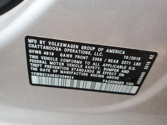 1VWBS7A35GC006824 - 2016 VOLKSWAGEN PASSAT SE 银色 照片 13