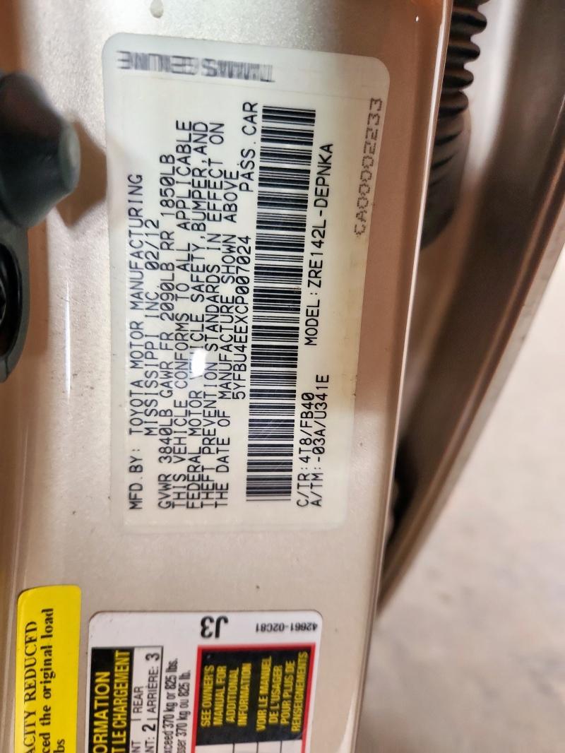5YFBU4EEXCP007024 - 2012 TOYOTA COROLLA BASE Or photo 12