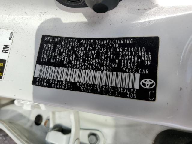 5YFEPRAE9LP079002 - 2020 TOYOTA COROLLA LE WHITE photo 12