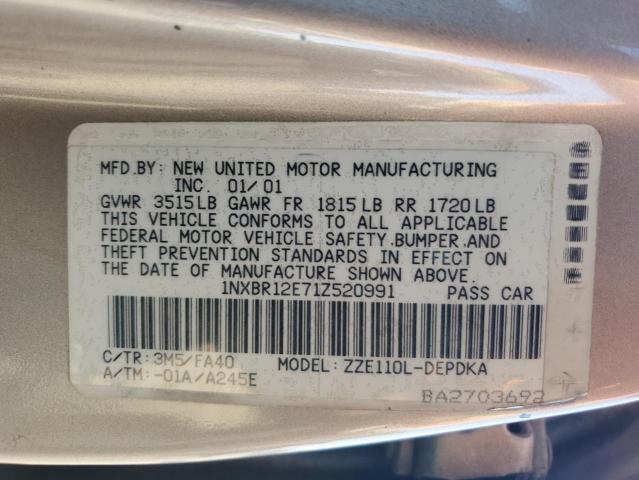 1NXBR12E71Z520991 - 2001 TOYOTA COROLLA CE TAN photo 12