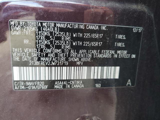 2T3BFREV2JW731719 - 2018 TOYOTA RAV4 LE Fioletowy zdjęcie 13