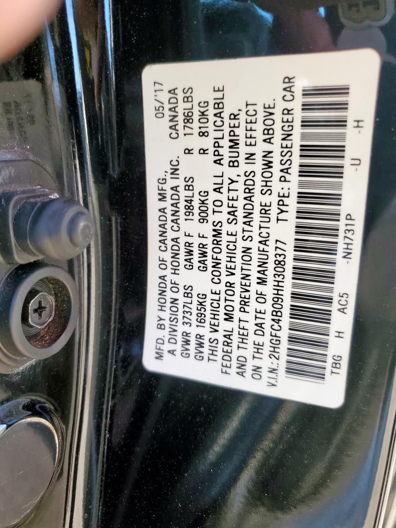 2HGFC4B09HH308377 - 2017 HONDA CIVIC LX შავი ფოტო 12