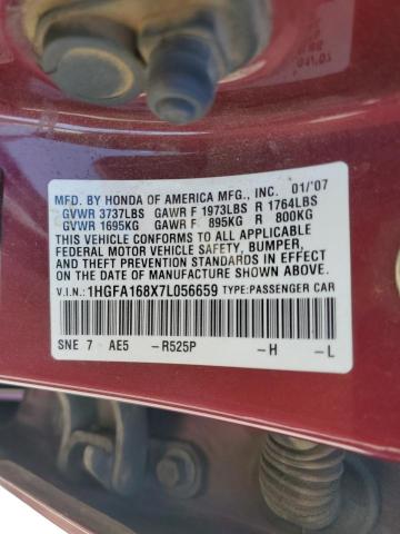 1HGFA168X7L056659 - 2007 HONDA CIVIC EX BURGUNDY photo 12