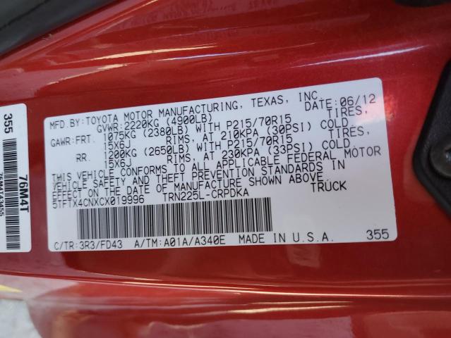 5TFTX4CNXCX019996 - 2012 TOYOTA TACOMA ACCESS CAB წითელი ფოტო 12