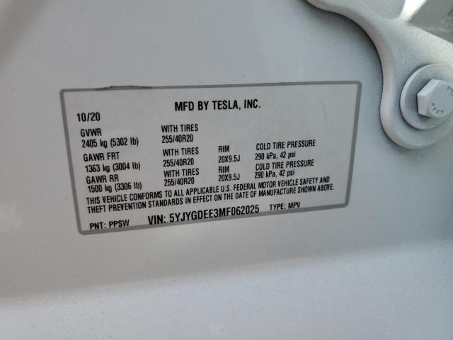 5YJYGDEE3MF062025 - 2021 TESLA MODEL Y WHITE photo 12